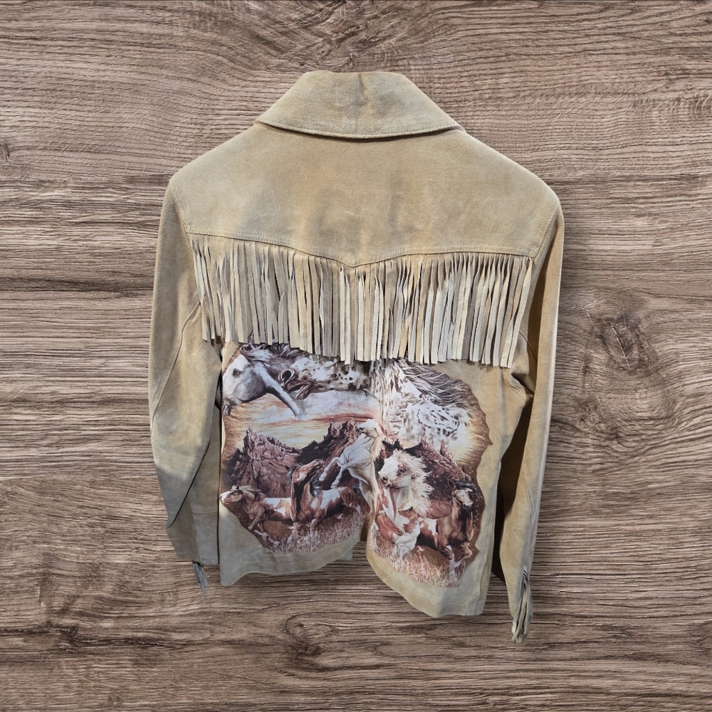 Esprit Beige Nylon Lined Jacket Upcycled Custom Horse theme.